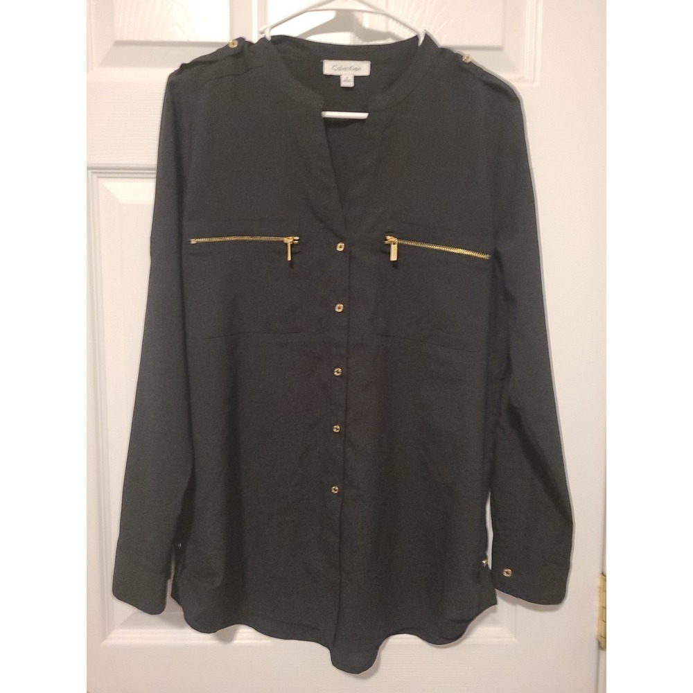 Calvin Klein Womens Shirt Black Medium Button Up Long Sleeve Blouse Gold Accent